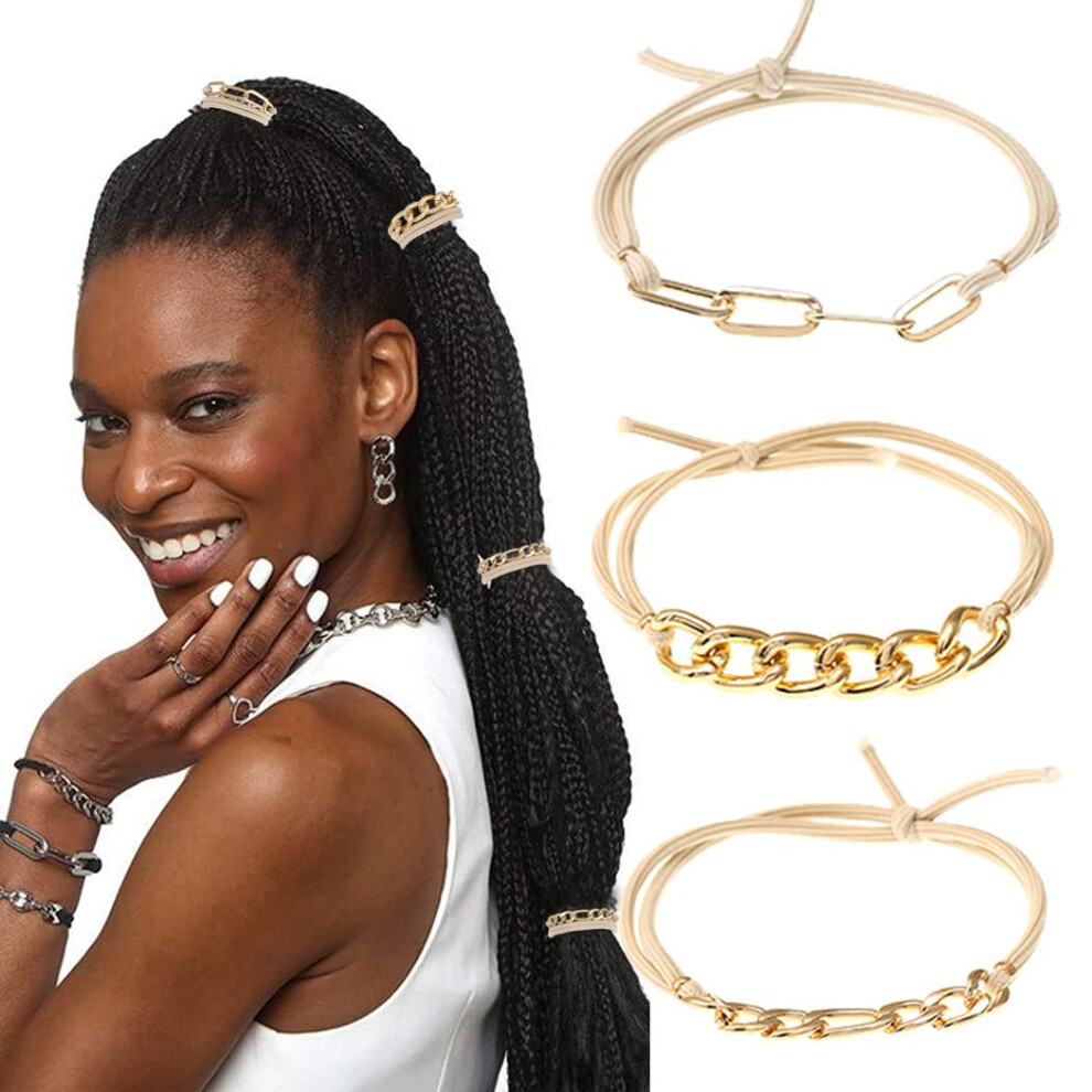 Gortin Braccialetto Per Capelli Da Donna, Con Catena In Metallo Dorato, Beige E Nero, Elastico 2 In 1, Senza Pieghe, Accessorio Per Capelli Carino Per Polso E Adolescenti, Sottile, Spesso E Riccio-image