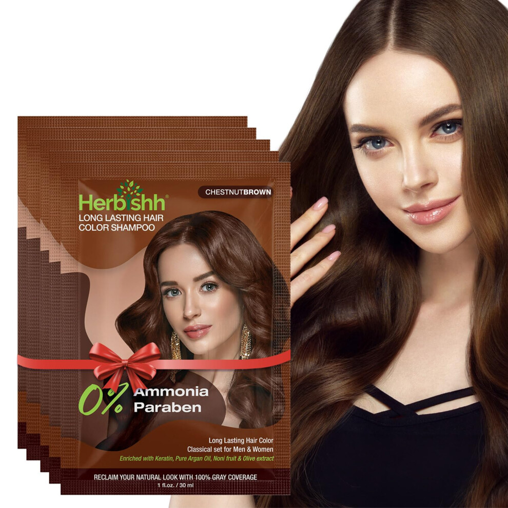 Herbishh Brown Travel Pack Hair Dye Color Shampoo In Sachet + 1Pc Argan Hair Mask Sachet (Chestnut 5 Sachets)