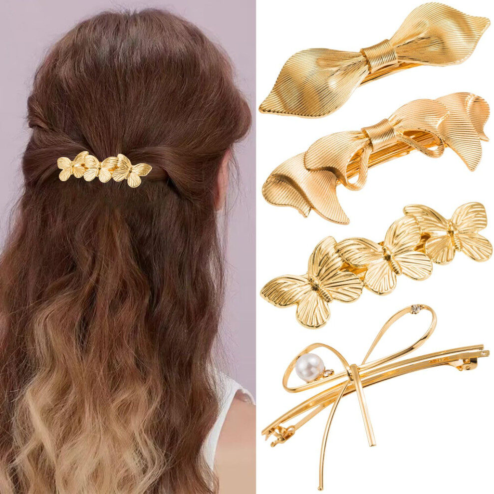 Gold Xiong Padishah 4Pcs Metal Hair Barrettes - Gold Bow Barrette Clips For Thick, Long, Fine Hair