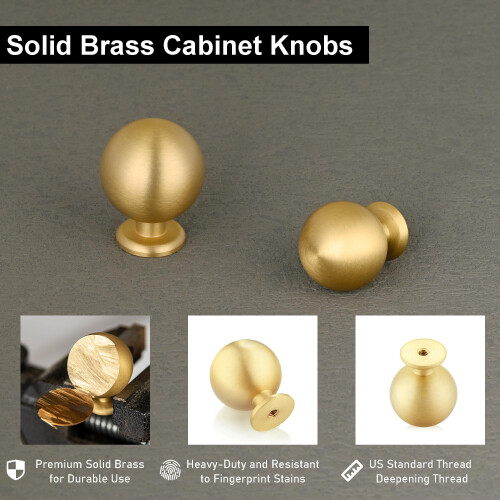 QOGRISUN 5-Pack Solid Brass Cabinet Knobs  Round Ball Gold Knobs for Dresser Drawer  1.1-Inch Diameter  Sphere Cabinet Pulls  Brushed Brass Finish 1