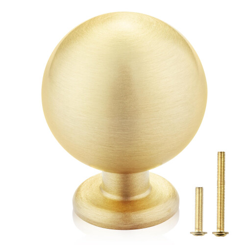 QOGRISUN 5-Pack Solid Brass Cabinet Knobs  Round Ball Gold Knobs for Dresser Drawer  1.1-Inch Diameter  Sphere Cabinet Pulls  Brushed Brass Finish