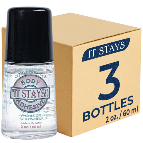 ABSOLUTE SUPPORT It Stays! Roll-On Body Fixative Glue 2 oz Adhesive - Made in USA - 3 Bottle Value Pack