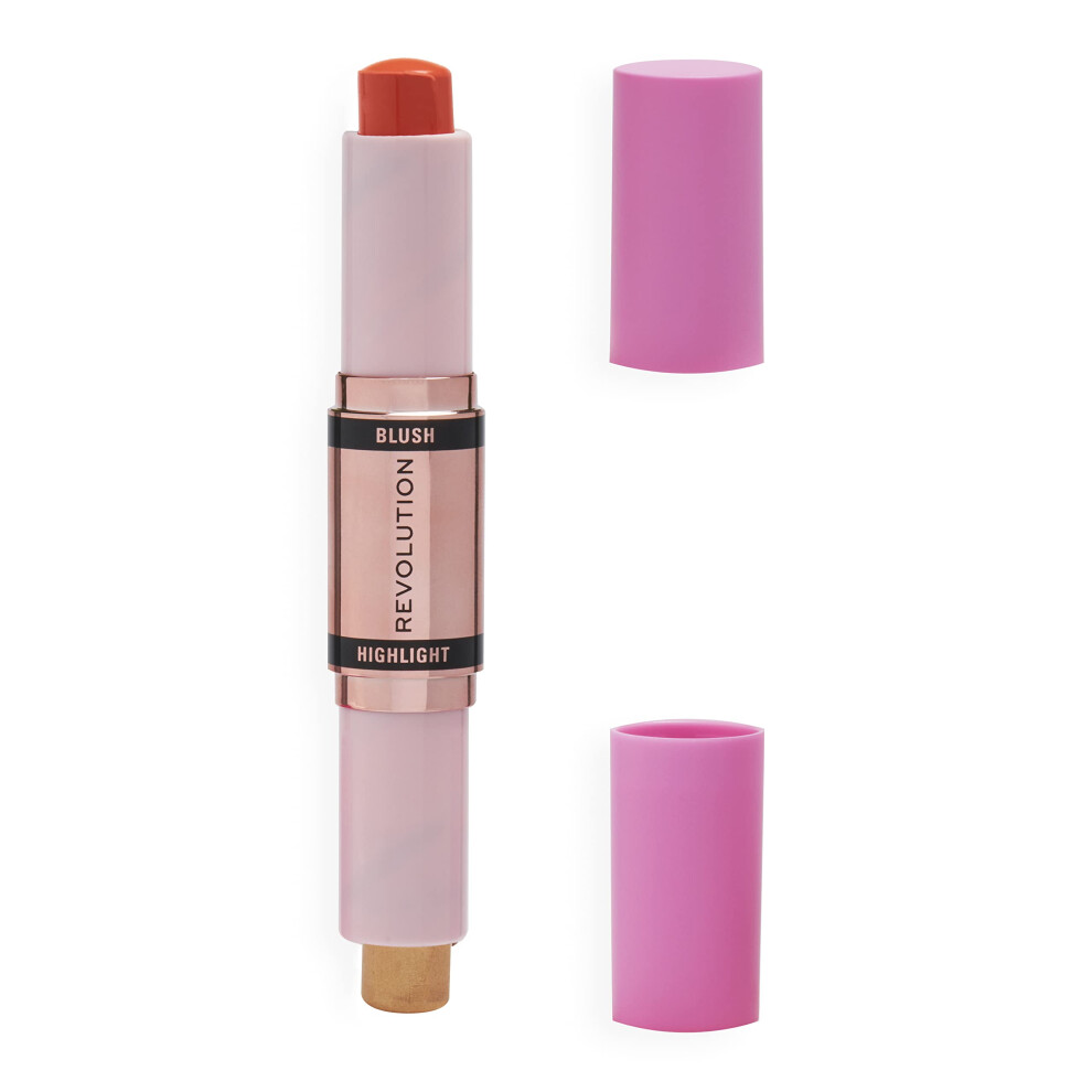 Makeup Revolution- Blush & Highlight Stick- Coral Dew | Creamy  blendable matte blush | Highlighter to lift the cheeks | Add dimension & create shadow