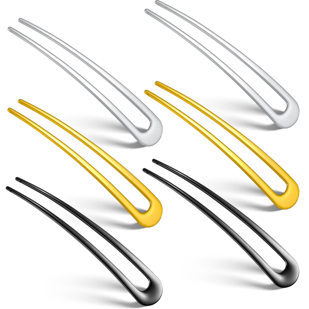 Willbond Unisex Silver,Gold 6 Pieces Hair Pins Simple Metal U Shaped French Gold Hair Fork Sticks 2 Prong Updo Chignon Pins For Women Lady Buns Accessories(Gold Silver