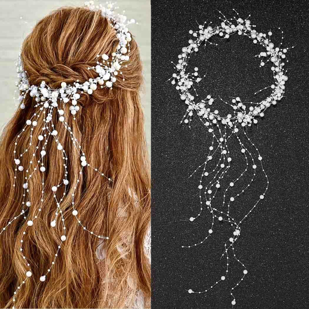 Bartosi Unisex White,Silver Pearl Bridal Headband Silver Pearl Tassel Wedding Hair Accessories Prom Headpiece For Women And Brides