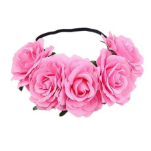 DNHCLL Rose Flower Crown Headband (Pink) for Women Girl - Handmade Polyester Hair Accessory with Elastic Bands - Perfect for Weddings, Festivals, Phot