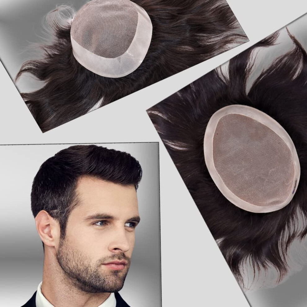 Civmo Unisex Black Fine Mono Human Hair Mens Toupee Hairpiece Poly Skin Around Hair System Npu Monofilament Wig Hair Toupees For Men 7X9 Inch 1B Color