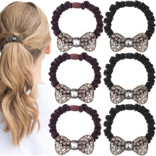 HINZIC 6PCS Rhinestone Bow Hair Ties Elastic Ponytail Holder Crystal Bling Hair Scrunchies Stretchy Bands Hair Ring Accessorie Vintage Bracelet for