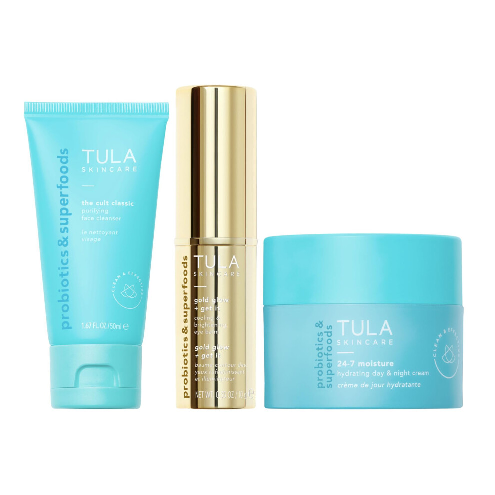 TULA Skin Care Greatest Hits Skincare Discovery Kit  Includes Gold Glow & Get It Eye Balm 0.35 oz.  The Cult Classic Cleanser 50ml  24-7 Moisture Hydr-image-OPC-PGFKHM7-NEW