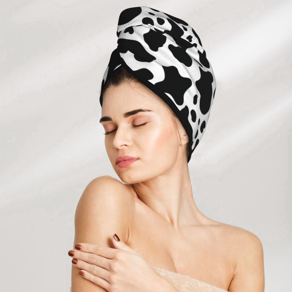Bonnet de s   chage pour cheveux en velours corail avec bouton Serviette en microfibre pour cheveux en forme de vache noire et blanche pour femmes