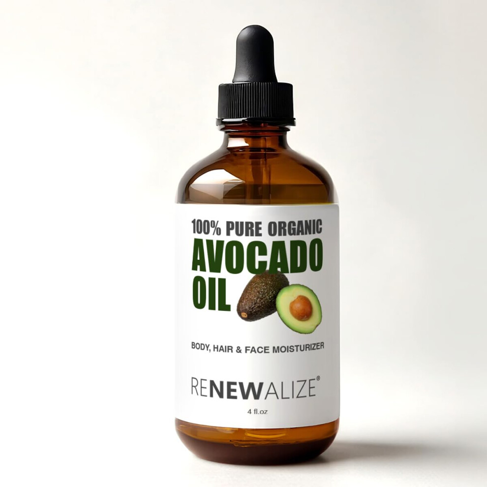 Renewalize Dark Organic Avocado Oil - Skin Moisturizer Cold Pressed And Unrefined In 4 Oz Glass Bottle With Dropper | Enhances Hair's Natural Shine |