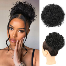 Oseti 1PCS Messy Bun Hair Piece Large Black Hair Buns Hair Pieces Curly Fake Hair Bun Clip on Ponytails for Women Updos Short Synthetic Bun Drawstrin