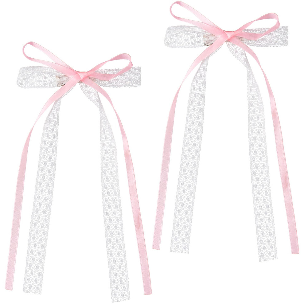 Customylife Pink 2Pcs Lace Hair Bow Clips Cute Coquette Snap Barrettes Bowknot Hair Ribbon For Women Christmas Valentines Wedding Prom Decorative Acce
