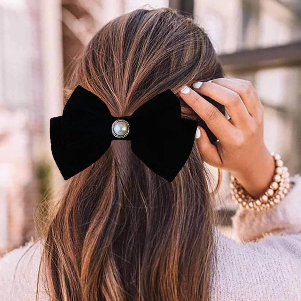 Jugielu Black Vintage Velvet Bow Hair Barrettes Satin Bow Pearl Hair Clips Velvet Satin Bow Hairclips French Ribbon Bowknot Hair Clips Large Bow
