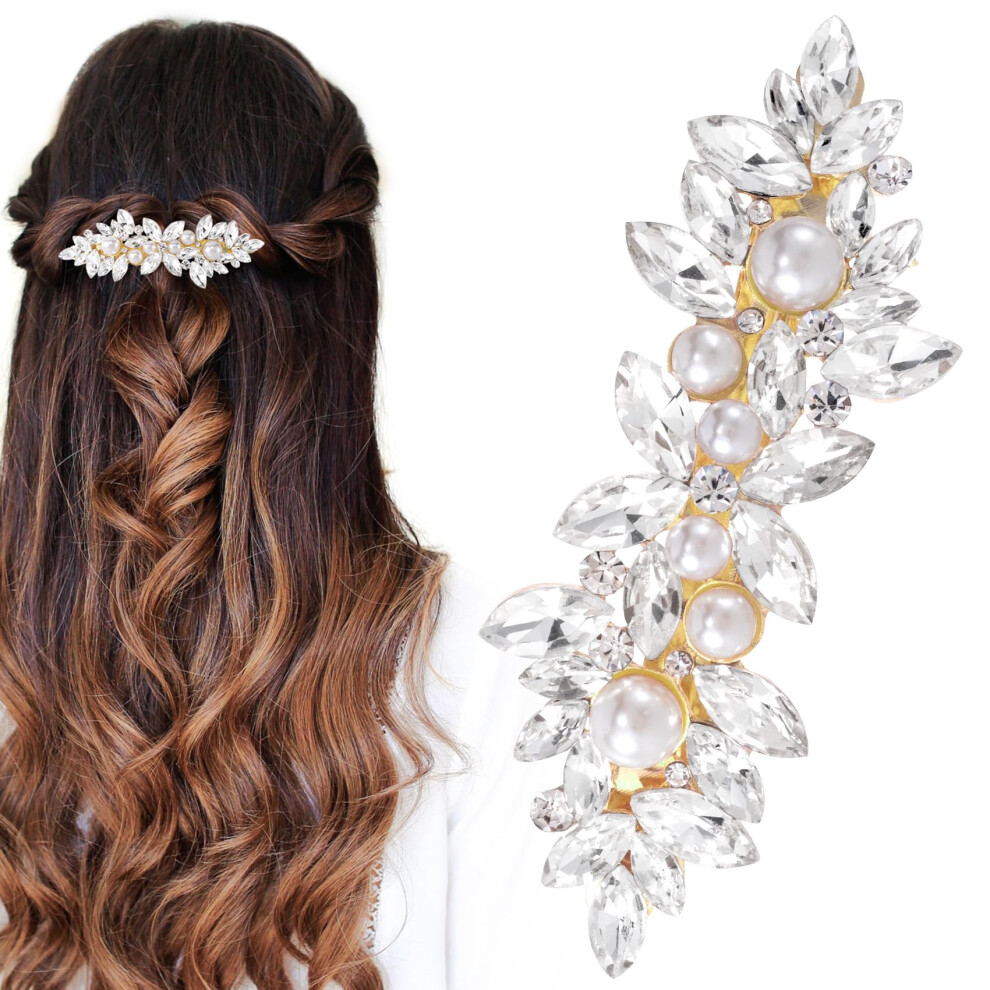 Hinzic Fermaglio Per Capelli In Argento Con Strass Scintillanti E Perle, Color Oro, Per Matrimoni Francesi, Balli, Accessori Per Capelli Da Sposa, Decorativi Per Donne E Spose, Capelli Lunghi E Spessi-image