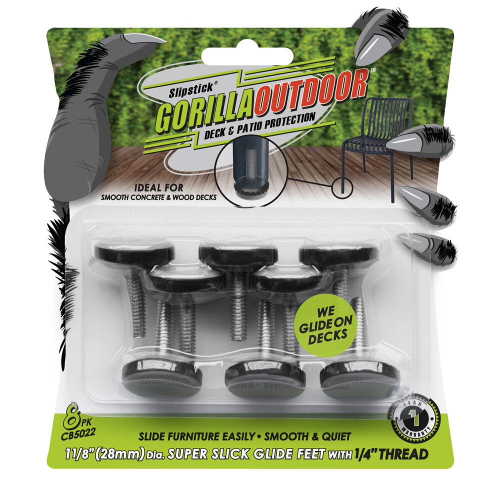 Slipstick Gorilla Outdoor Adjustable Furniture Levelers (8 Pack) Weatherproof Screw In Leg Glides For Chairs Tables And Outdoor Furniture Feet 1-1