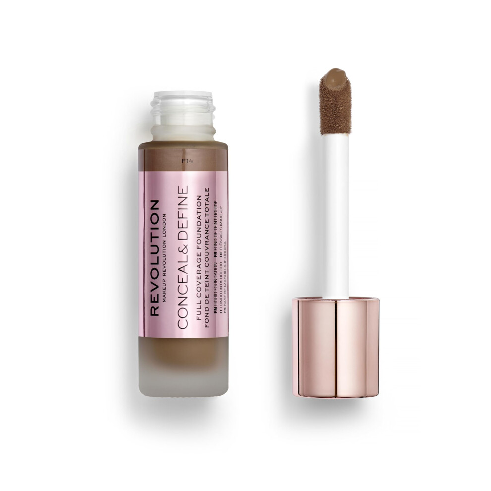 Revolution Beauty  Conceal & Define Foundation  Full Coverage  Long-Lasting Matte Finish  Vegan & Cruelty Free  F14 Dark Skin Tones  0.8 Fl.Oz.