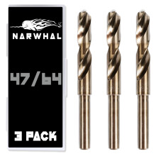 47/64 Cobalt Drill Bits - 3 Pack - 6 Inch Length - M35 Cobalt Drill Bits with Storage Case - Perfect Drill Bits for Metal Hardened & Stainless Steel