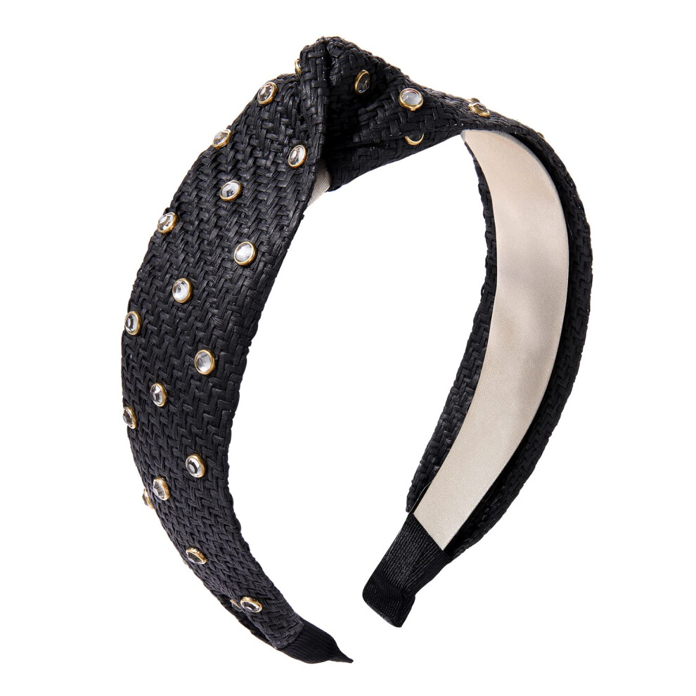 Bandeau en rotin avec strass, bandeau en paille, large, tendance, style boh   me, pour l'   t   , tiss   , pour femme et fille (noir)