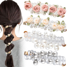 VARMDUKKE 4PCS Rose Bead Spiral Hair Ties 2 Styles Phone Cord Ponytail Holders for Women Elegant Rubber Hair Coils Stylish Hair Accessories fo