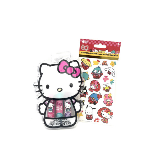 Hello Kitty Ensemble de Baumes à Lèvres Hydratants Hello Kitty 3-Pack avec 4 Stickers, Format Voyage 1