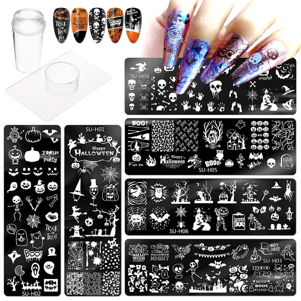 Omdbagd Halloween Nail Stamper Kit 6 Pcs Nail Plates +1 Nail Stamper + 1 Nail Scraper Horror Skull Spider Ghost Bat Nail Art Design Template Nail Stencils Pla