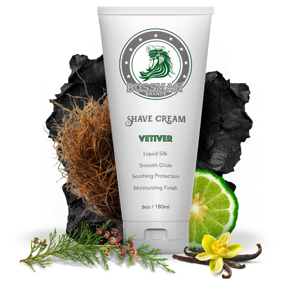 Crème à raser liquide Bossman pour hommes - Formule pour peaux sensibles, glisse douce et protection apaisante - Finition hydratante (parfum véti