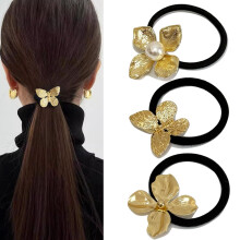 UDeBe 3PCS Golden Metal Hair Ties - No Damage Thick Band High Elasticity Durable Stylish Golden Geometric Ponytail Holders Hair Accessories for Wo
