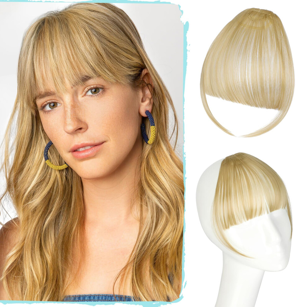 Felendy Unisex Clip In Bangs Ash Blonde Fake Bangs Straight Across Front Wispy Bang Hair Extensions Natural Fringe With Temples Synthetic Bangs Hair Clip
