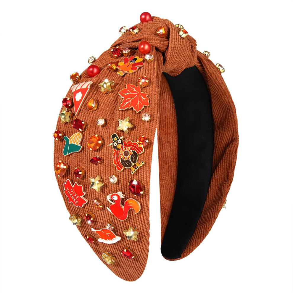 Mokkia Unisex White Thanksgiving Headband Fall Accessories For Women Beaded Turkey Maple Leaf Pumpkin Knotted Headband Jeweled Rhinestone Pearl Top Knot Headband A