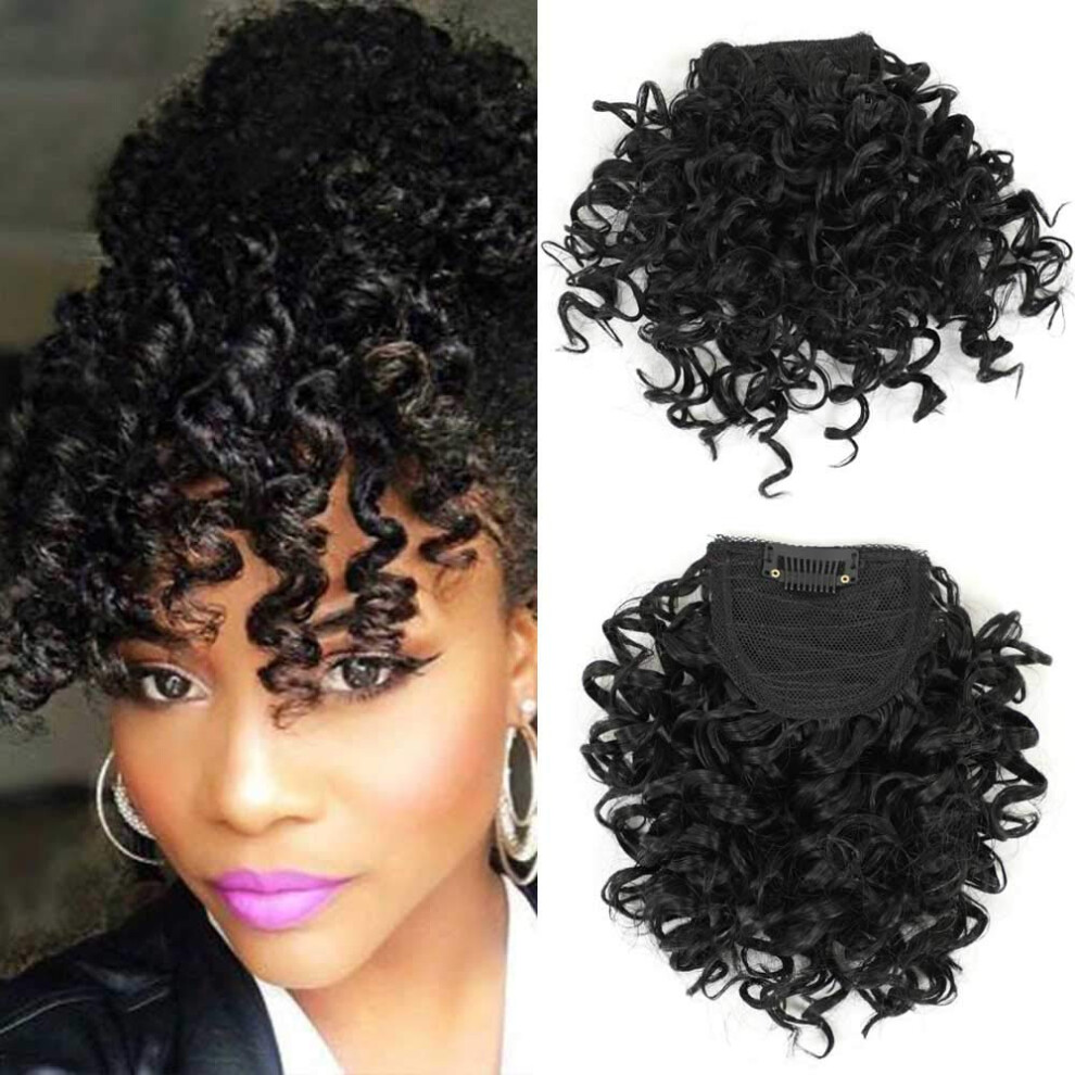 Muzi Wig Unisex Black G&T Wig Curly Bangs For Women Short Afro Kinky Curly Bangs Clip In Bangs(1B Single Bangs)