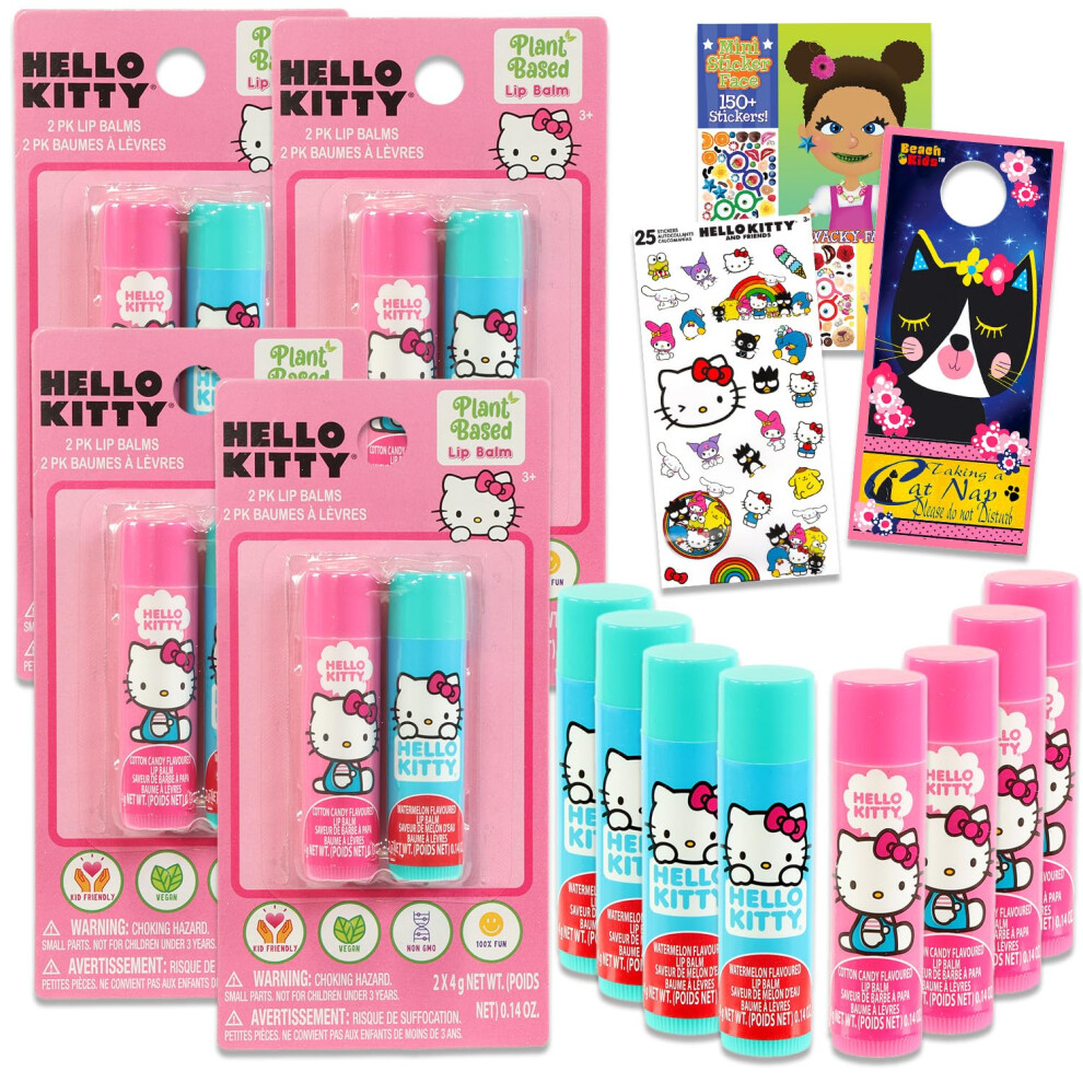 Hello Kitty Lip Balm Tubes - Bundle with 8 Hello Kitty Lip Balms in Assorted Flavors for Party Favors Plus Hello Kitty Stickers  Sticker Activity Book