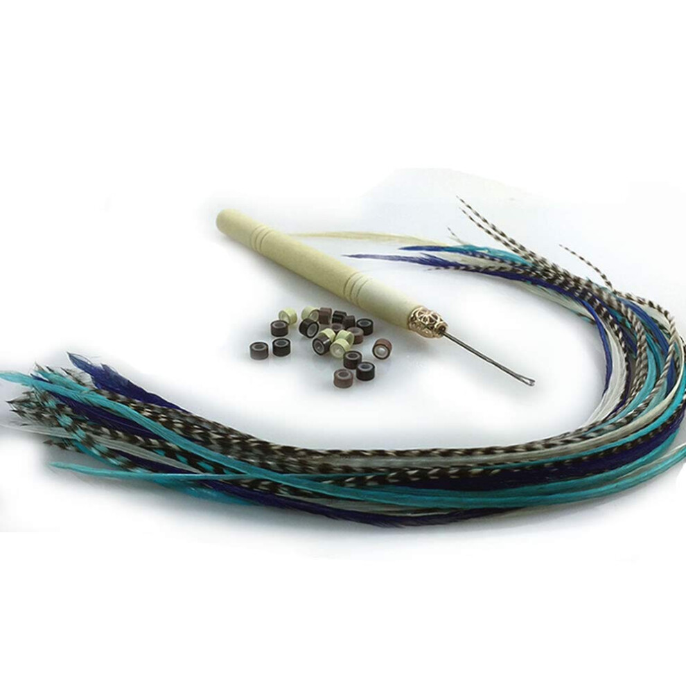 Arzer Feather Hair Extensions 100% Real Rooster Hair Feathers Extension Kit Long Blue Mix 20 Feathers With Micro Link Brads And Hook Tool Y