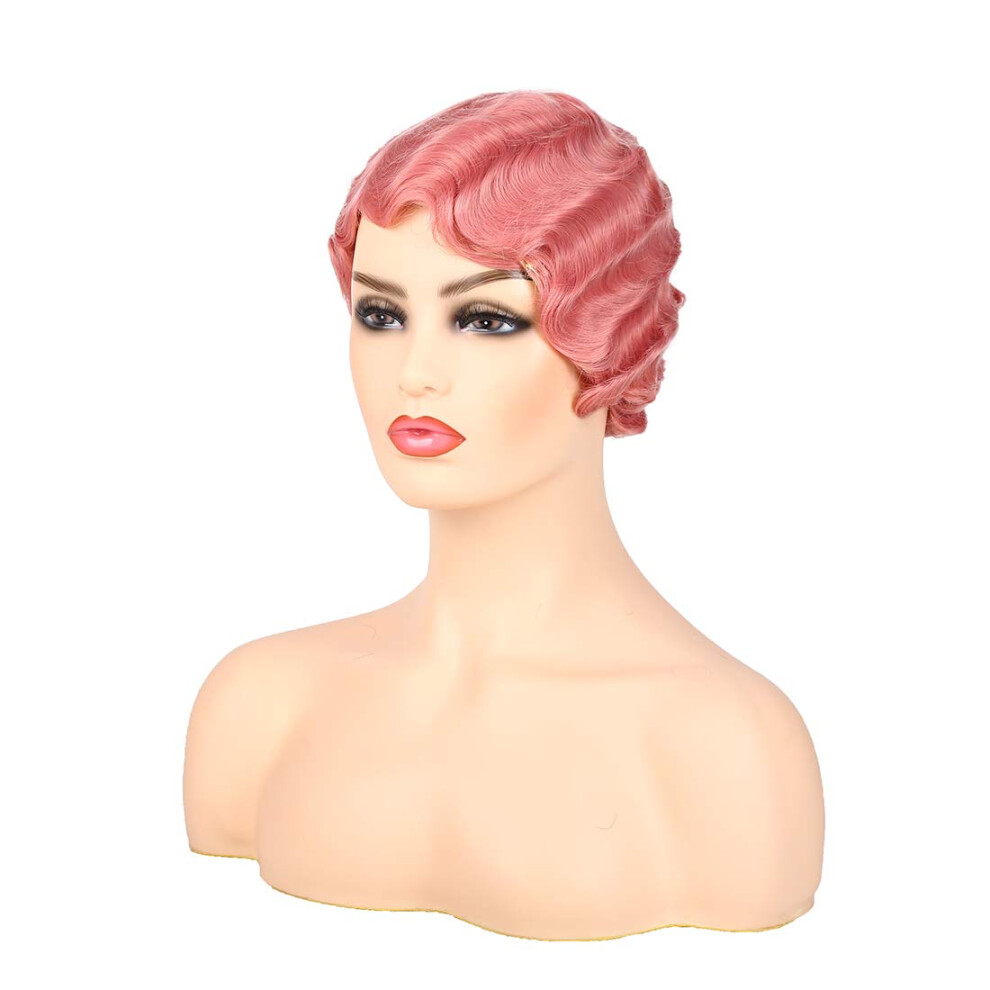 Baruisi Pink Short Nuna Wigs Pixie Wigs For Women Synthetic Finger Wave Curly Hair Wig