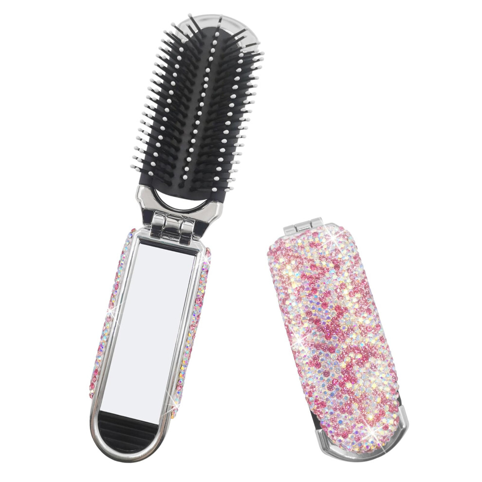 Owemtao Bling Travel Hair Brush With Mirror Rhinestone Compact Folding Comb For Women (Pink)