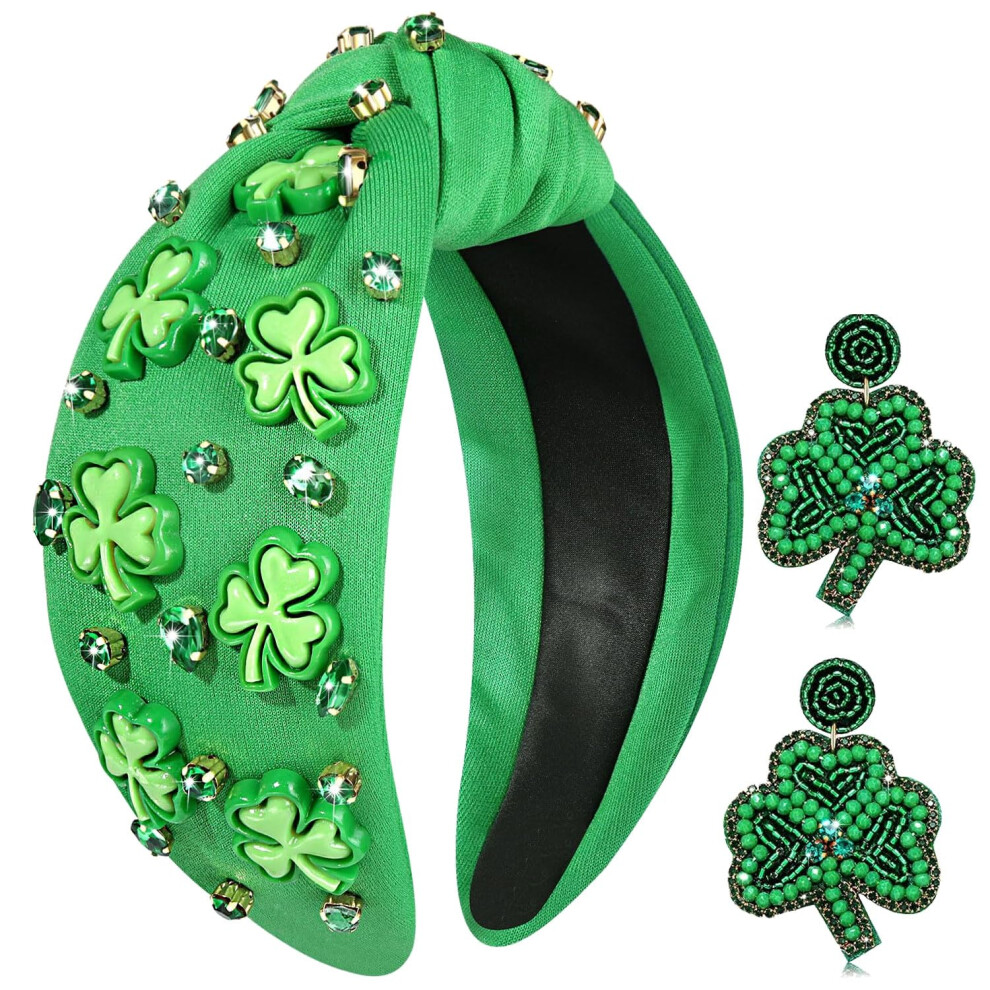 Phalin Unisex St. Patricks Day Headband For Women Lucky Shamrock Knotted Headbands Good Luck Headband Embellished Crystal Wide Top Knot Headbands St. Patrick's Day