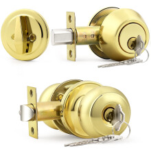 Probrico Keyed Alike Round Ball Entry Door Knob and Single Cylinder Deadbolt Set  Polished Brass  1Pack