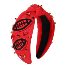 JERTOCLE Football Knotted Headbands for Women Game Day Sports Headband Pearl Crystal Bejeweled Wide Top Knot Hairband Game Day Hair Accessories (Red