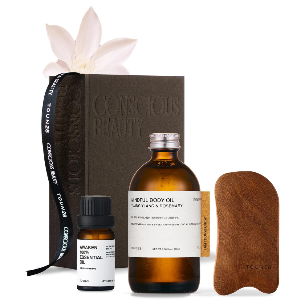 TOUN28 Mindful Body Oil 3,38 fl.oz / 100 ml & GUA SHA Set Huile de massage corporelle apaisante et relaxante Peau sensible Parfum YLANG YLANG et romar