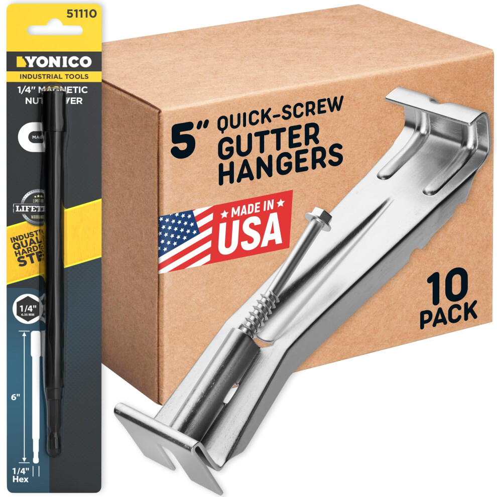 Quick Screw Gutter Hangers 5 Inch- 10 Pack - 5 Inch Gutter Clips With Bonus 6 Inch Drill Bit - Hidden Bracket Clips With Pre-Assembled Screw - Fix Sag 724456497695