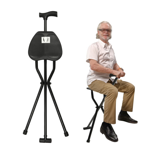 Foldable three-legged walking stick chair