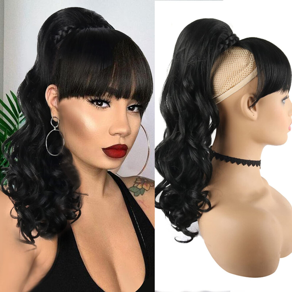 Leosa 16 Inch Body Wave With Bang Ponytail Extension Hairpin Clip In Hairpieces Bang With Ponytail Heat Resistant For Women