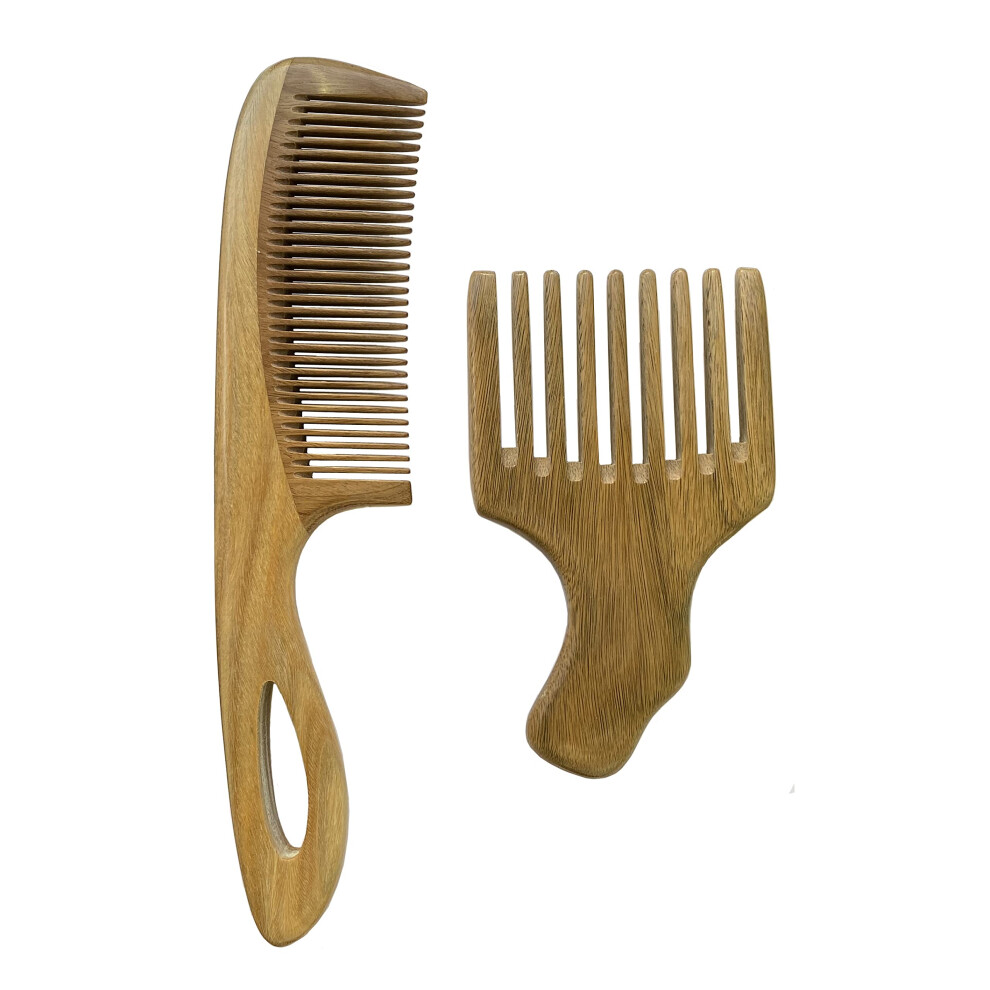 Aguder Green Sandalwood Hair Combs Gift Set - 2Pcs No Static Detangling Natural Aroma Handmade Wooden Comb - Wide And Fine Tooth Combs