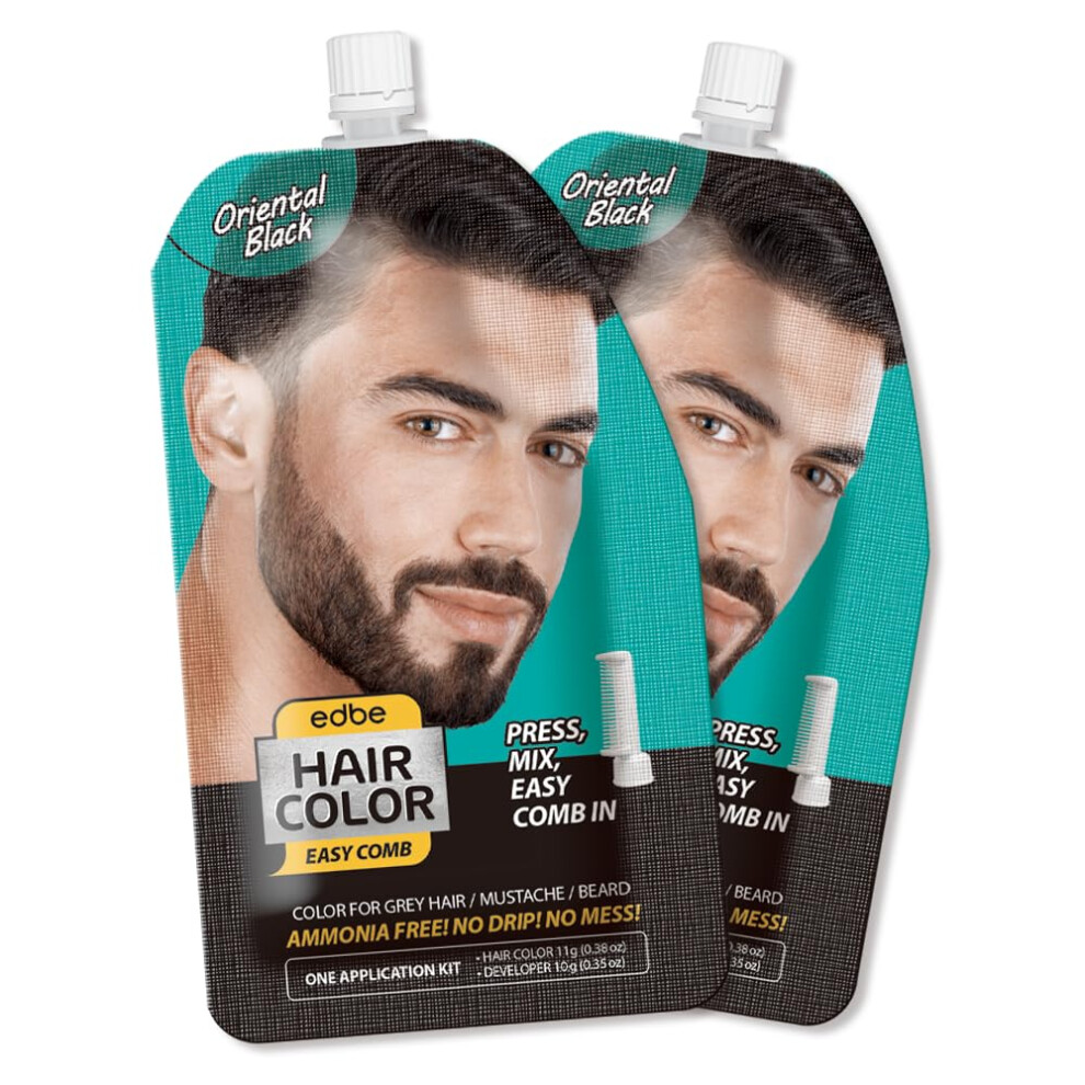 Edbe Hair Color Easy Comb Oriental Black (lot de 2) - Coloration pour cheveux gris, moustache et barbe pour homme avec un kit d'application