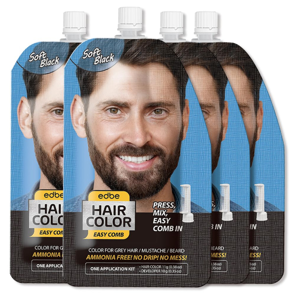 Edbe Hair Color Easy Comb Soft Black (lot de 4)     Coloration pour cheveux gris, moustache et barbe pour homme avec un kit d'application unique