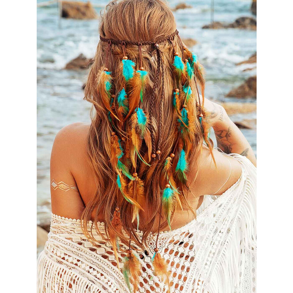 Gortin Unisex Black Boho Feather Headband Gypsy Costume Headdress Bohemian Hippie Headbands Indian Festival Hair Band Adjust Long Feather Headpiece Hair Acce
