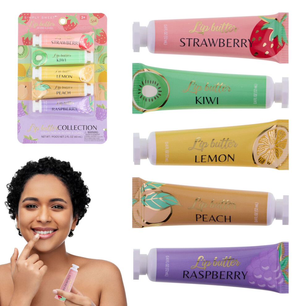 Expressions 5Pc Lip Butter Collection - Simply Sweet Fruit Flavored Lip Butter Balm Set | Moisturizing Squeeze Tube Lip Butters For Everyday Lip Care