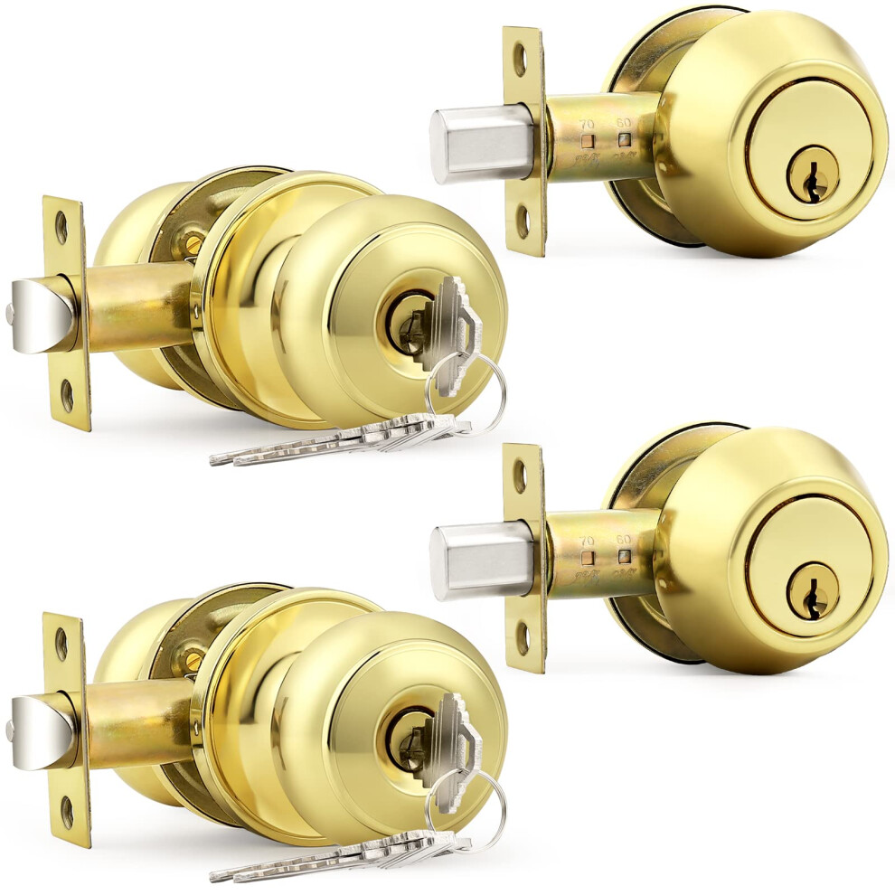 Probrico Keyed Entry Door Knobs Exterior Lockset And Single Cylinder Deadbolt Combination Set For Front Door Polished Brass (2 Pack) Keyed Alike 6941154050814