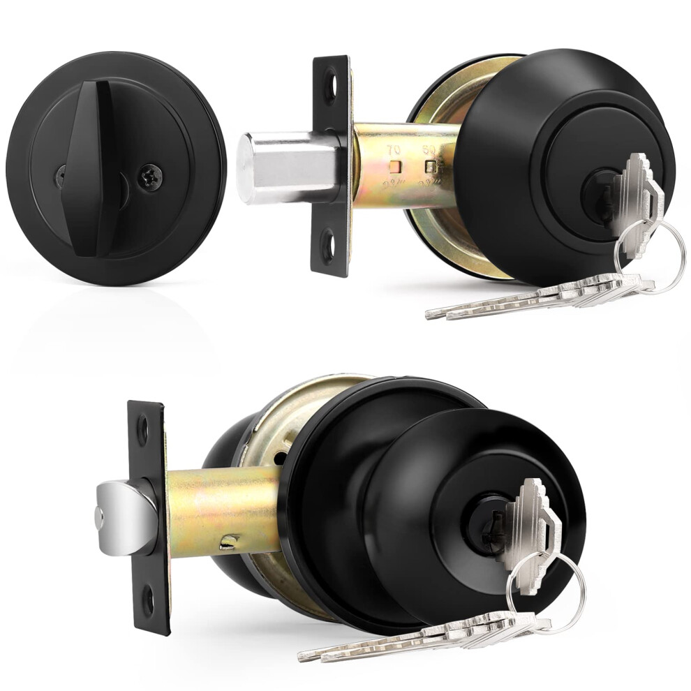 Probrico Flat Black Entry Door Knob And Single Cylinder Deadbolt Set Keyed Alike 1Pack 6941154050265