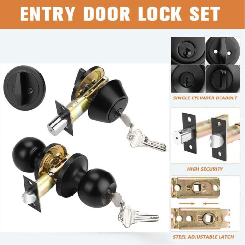 Probrico Flat Black Entry Drrknopp och encylindrig Deadbolt Set Keyed Alike 1Pack 2